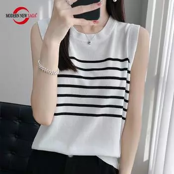 Женская майка в полоску MODERN NEW SAGA летняя футболка без рукавов вязаный топ жилет женский с круглым вырезом S чёрный