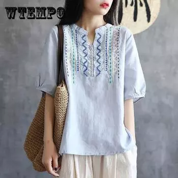 Женская маленькая блузка с v-образным вырезом и коротким рукавом с вышивкой, свободный топ большого размера, винтажная хлопково-льняная футболка с короткими рукавами XXL красный