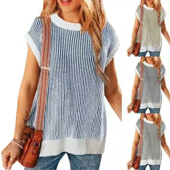 Женская маленькая майка Color Collision осень и зима без рукавов свободные Европа и США круглый вырез трикотажные женские топы без рукавов L чёрный