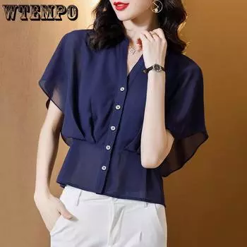 Женская маленькая рубашка, шифоновая рубашка, женская рубашка с короткими рукавами и поясом, модная летняя короткая рубашка M красный