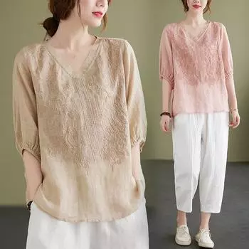 Женская маленькая рубашка в стиле ретро с литературным рукавом-фонариком, летняя женская футболка с v-образным вырезом и вышивкой в тяжелой промышленности, французская футболка с короткими рукавами XXL синий