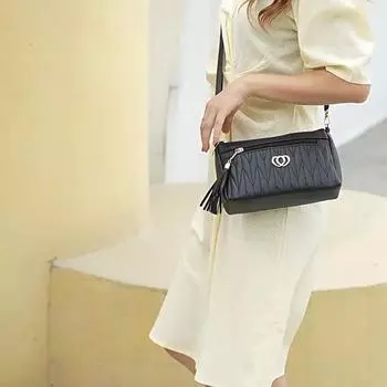 Женская маленькая сумка на плечо из искусственной кожи с волновой вышивкой, простая многослойная сумка через плечо с декором кисточкой для телефона 23x8x14cm чёрный