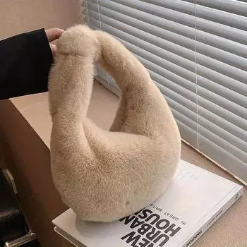 Женская маленькая сумка-полумесяц, роскошные теплые плюшевые сумки на запястье для женщин, модный меховой клатч с короткой ручкой, милые дамские кошельки для монет хаки