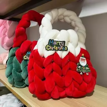Женская маленькая сумка-тоут, сумки из исландской шерсти с ручками сверху, мягкие контрастные цвета с короткой ручкой, женская рождественская сумка Санта-Клауса красный