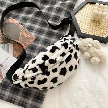 Женская маленькая сумка женская плюшевая нагрудная сумка женская косая сумка для отдыха модная сумка через плечо с рисунком коровы