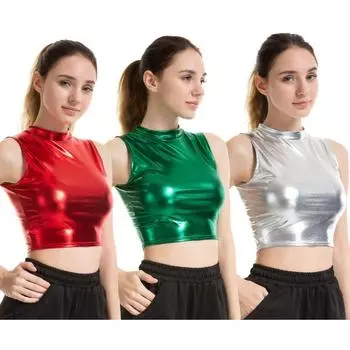 Женская маленькая водолазка без рукавов, металлическое тонкое платье для выступлений, женская одежда S