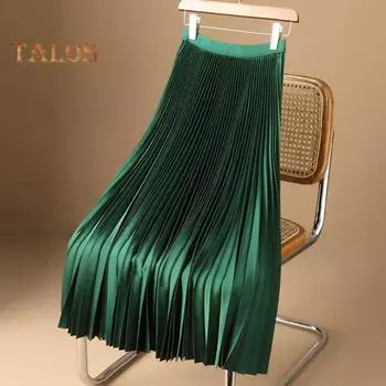 Женская макси-юбка, эластичная плиссированная юбка с высокой талией, однотонная гладкая атласная юбка трапециевидной формы, рабочая одежда для отдыха M зелёный
