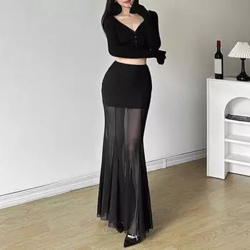 Женская макси-юбка, эластичная, с высокой талией, сетчатая, длинная, юбка с запахом на бедрах, прозрачная, облегающая, повседневная юбка L чёрный