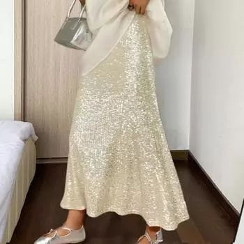 Женская макси-юбка, эластичная, с высокой талией, длинная юбка с подкладкой, блестящие пайетки, драпированная дышащая юбка, уличная одежда S чёрный