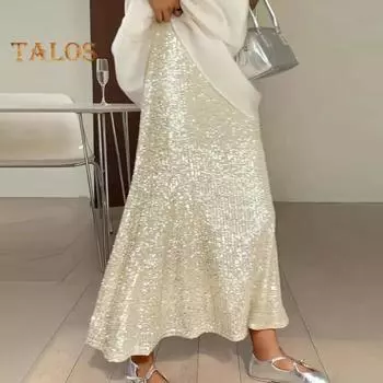 Женская макси-юбка, эластичная, с высокой талией, длинная юбка с подкладкой, блестящие пайетки, драпированная дышащая юбка, уличная одежда S чёрный