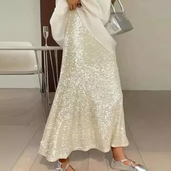 Женская макси-юбка, эластичная, с высокой талией, длинная юбка с подкладкой, блестящие пайетки S чёрный