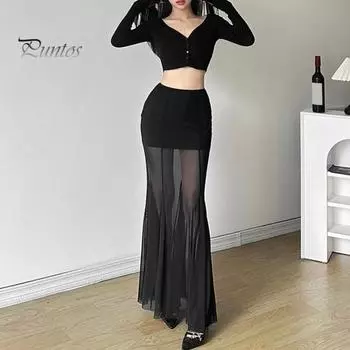 Женская макси-юбка, эластичная, с высокой талией, сетчатая, длинная, юбка с запахом на бедрах, прозрачная, облегающая, повседневная юбка L чёрный