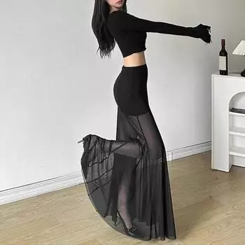 Женская макси-юбка, эластичная, с высокой талией, сетчатая, длинная, юбка с запахом на бедрах, прозрачная, облегающая, повседневная юбка M чёрный