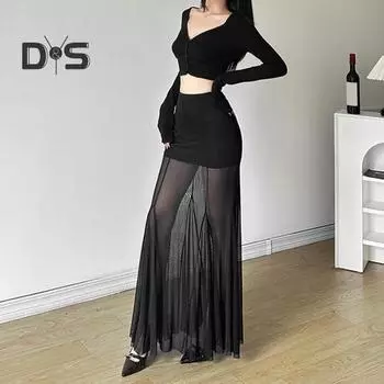Женская макси-юбка, эластичная, с высокой талией, сетчатая, длинная, юбка с запахом на бедрах, прозрачная, облегающая, повседневная юбка S чёрный