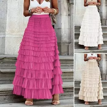 Женская макси-юбка, эластичная сетчатая юбка с высокой талией, многослойная юбка-торт, однотонная длинная юбка трапециевидной формы XL розы красного