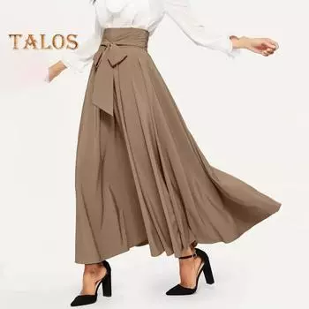 Женская макси-юбка на шнуровке с высокой талией трапециевидной формы, большие качели, сплошной цвет, широкая полоса, плиссированная длина до щиколотки, свободная весенне-летняя юбка в коммутационном стиле S хаки
