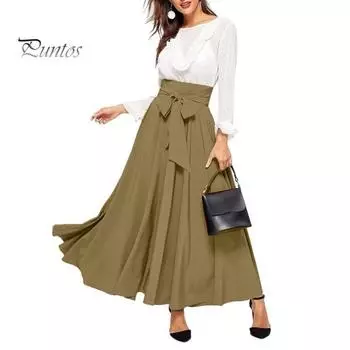 Женская макси-юбка на шнуровке с высокой талией трапециевидной формы, большие качели, сплошной цвет, широкая полоса, плиссированная длина до щиколотки, свободная весенне-летняя юбка в коммутационном стиле S хаки