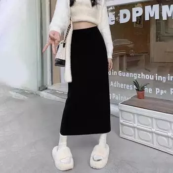 Женская макси-юбка с эластичной резинкой и высокой талией, длинная юбка с запахом на бедрах, однотонная повседневная трикотажная юбка для повседневной носки чёрный