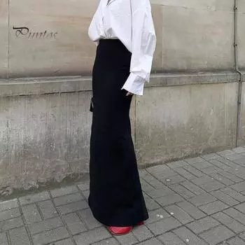 Женская макси-юбка с эластичной резинкой и высокой талией, длинная юбка с запахом на бедрах, однотонная облегающая юбка, аксессуары для одежды S чёрный