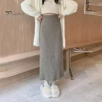 Женская макси-юбка с эластичной резинкой и высокой талией, длинная юбка с запахом на бедрах, однотонная повседневная трикотажная юбка для повседневной носки чёрный