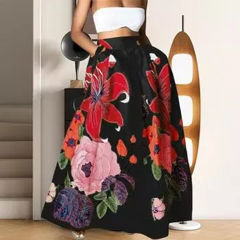 Женская макси-юбка с эластичной резинкой и высокой талией, длинная юбка с карманами, цветочный принт, вечеринки, свадьбы, юбка S чёрный