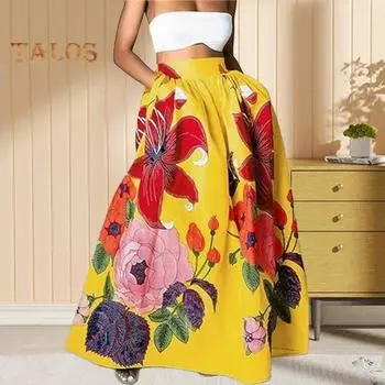 Женская макси-юбка с эластичной резинкой и высокой талией, длинная юбка с карманами, цветочный принт, вечеринки, свадьбы, юбка S чёрный