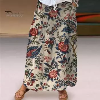 Женская макси-юбка с эластичной резинкой на талии, юбка с цветочным принтом в виде листьев, богемный стиль, свободная пляжная юбка трапециевидной формы с карманами M зелёный
