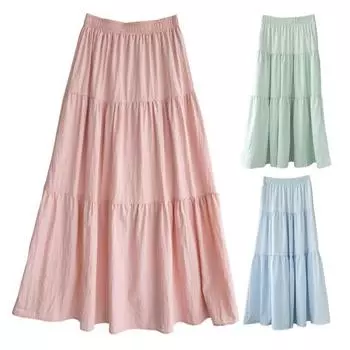 Женская макси-юбка с эластичной резинкой на высокой талии, оборками и строчкой, большим подолом, длинная юбка, однотонная, трапециевидная, летняя повседневная юбка S синий