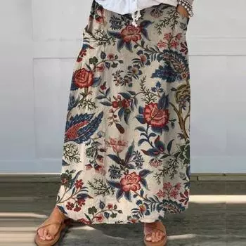 Женская макси-юбка с эластичной резинкой на талии, юбка с цветочным принтом в виде листьев, богемный стиль, свободная пляжная юбка трапециевидной формы с карманами M зелёный
