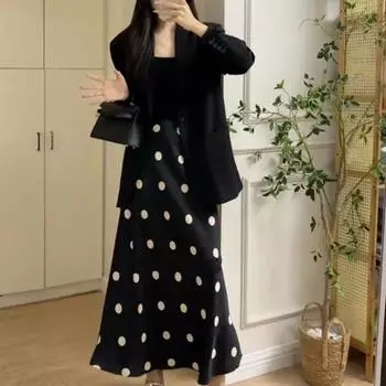 Женская макси-юбка с эластичной высокой талией и длинным принтом в горошек, длинная юбка трапециевидной формы с большим подолом, атласная длинная юбка в стиле «рыбий хвост» в стиле ретро L абрикосовый