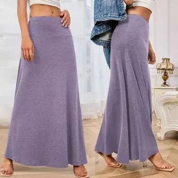 Женская макси-юбка с эластичной завышенной талией, длинная юбка А-силуэта, однотонный дизайн, повседневная трикотажная юбка, весна-осень, повседневная одежда S армия зеленый