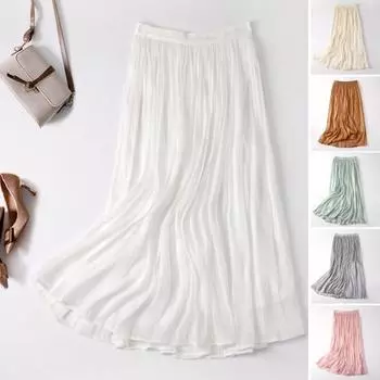 Женская макси-юбка с эластичным поясом, длинная юбка со средней посадкой, однотонная плиссированная юбка трапециевидной формы из ледяного шелка для вечеринки абрикосовый
