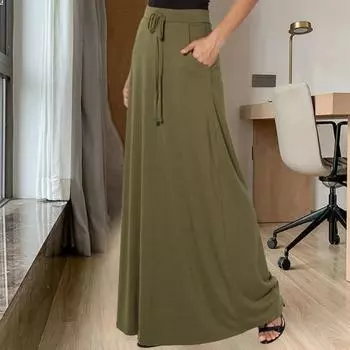 Женская макси-юбка с регулируемой завязкой, высокой талией, однотонная длинная юбка с карманами, повседневная рабочая юбка L