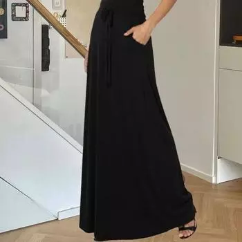 Женская макси-юбка с регулируемой завязкой, высокой талией, однотонная длинная юбка с карманами, повседневная рабочая юбка S темно-синий