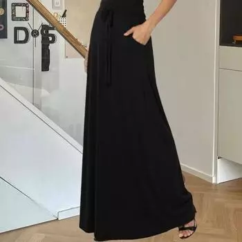 Женская макси-юбка с регулируемой завязкой, высокой талией, однотонная длинная юбка с карманами, повседневная рабочая юбка S бежевый