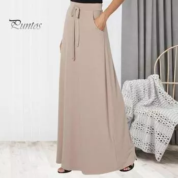 Женская макси-юбка с регулируемой завязкой, высокой талией, однотонная длинная юбка с карманами, повседневная рабочая юбка S бежевый