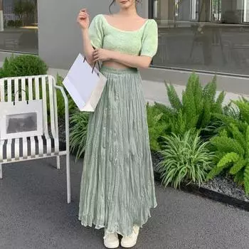 Женская макси-юбка с талией, юбка трапециевидной формы, текстурированная плиссированная однотонная глянцевая эластичная юбка с высоким подолом, длиной до щиколотки светло-зеленый
