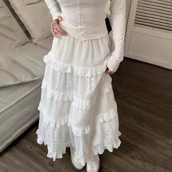 Женская макси-юбка с талией, юбка трапециевидной формы, вязанная крючком с цветочным узором, однотонная, полые, эластичная, с высоким узором, с рюшами M белый