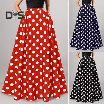 Женская макси-юбка с высокой талией, цветной горошек, ретро-силуэт, большой подол, боковые карманы, свободная полная длина, мягкая эластичная талия, длинная юбка для выпускного вечера 4XL темно-синий