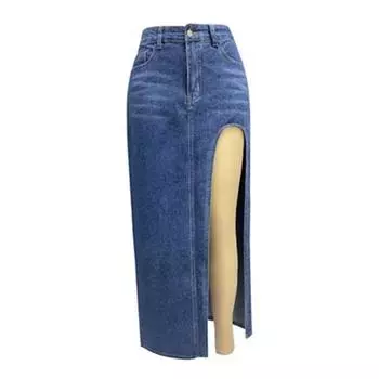 Женская макси-юбка с высокой талией и боковым разрезом, джинсовая юбка, сплошная цветная длинная юбка, на пуговицах, на молнии, юбка с карманами M темно-синий