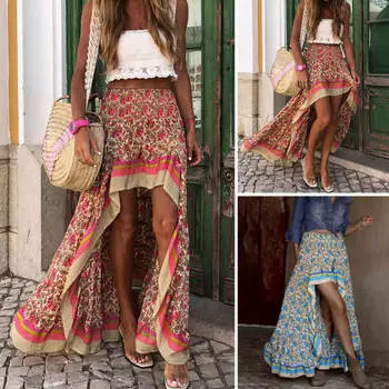 Женская макси-юбка с высокой талией, неровный подол, цветочный принт, богемная передняя короткая задняя часть, длинная эластичная талия, лоскутная женская пляжная длинная юбка для отдыха L красный