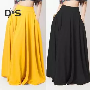 Женская макси-юбка с высокой талией, однотонная юбка трапециевидной формы с карманами, свободная плиссированная длинная юбка, повседневная одежда для отдыха XXL чёрный