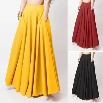 Женская макси-юбка с высокой талией, однотонная юбка А-силуэта с карманами, свободная плиссированная длинная юбка L чёрный