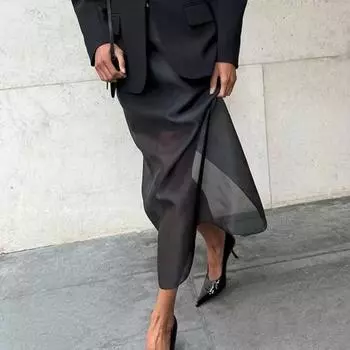 Женская макси-юбка с высокой талией, сетчатая пряжа, перспективная однотонная юбка с разрезом на бедрах, длинная юбка S чёрный