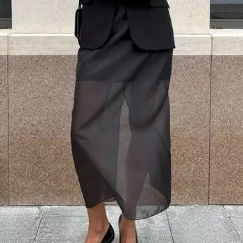 Женская макси-юбка с высокой талией, сетчатая пряжа, перспективная однотонная юбка с разрезом на бедрах, длинная юбка S чёрный