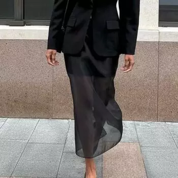 Женская макси-юбка с высокой талией, сетчатая пряжа, перспективная однотонная юбка с разрезом на бедрах, длинная юбка S вино красного