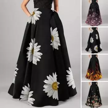 Женская макси-юбка с высокой талией трапециевидной формы, большие качели с цветочным принтом на молнии, полуоткрывающаяся мягкая богемная свободная вечерние пляжная юбка для выпускного вечера 2XL жёлтый