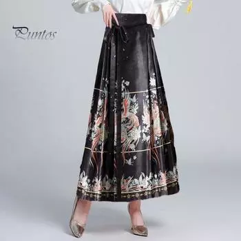 Женская макси-юбка в китайском стиле с высокой талией, винтажная юбка, элегантная плиссированная юбка с изображением лошадиного лица и принтом феникса Hanfu синий