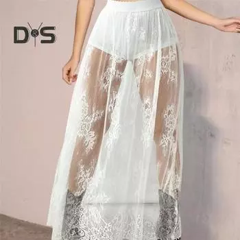 Женская макси-юбка в темном стиле, прозрачная кружевная длинная юбка с цветочной вышивкой, эластичная трапециевидная юбка с высокой талией, сексуальная сетчатая юбка S чёрный