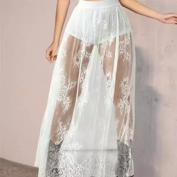 Женская макси-юбка в темном стиле, прозрачная кружевная длинная юбка с цветочной вышивкой, эластичная трапециевидная юбка с высокой талией, сексуальная сетчатая юбка S белый
